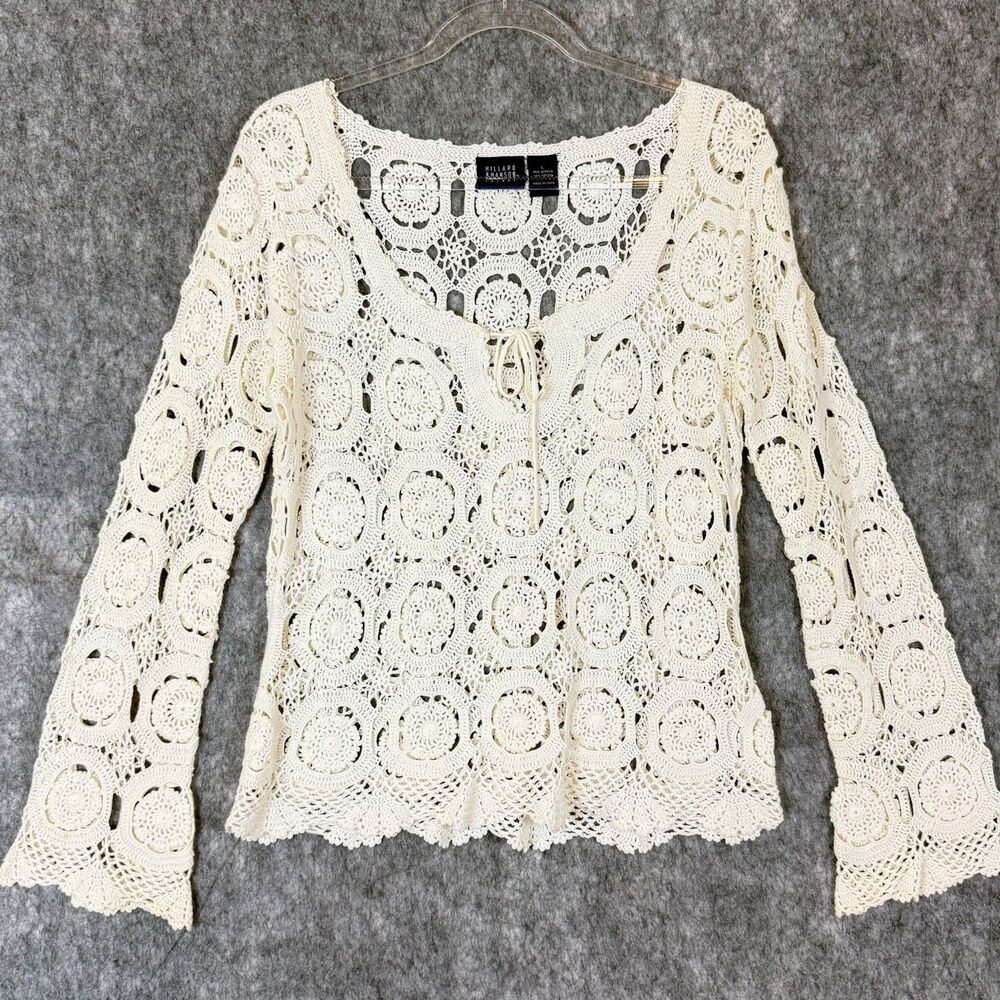 Hillard & Hanson Crochet Top Bell Long Sleeve Scoop Tie Neck Festival Boho White
